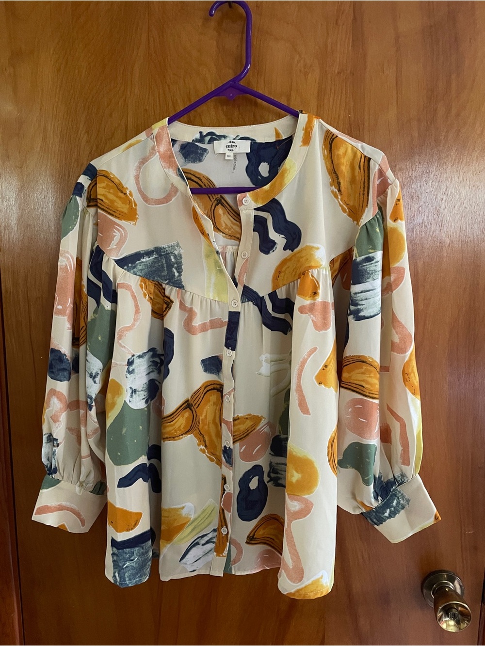 entro Cream Abstract Brushstroke Button-Front Blouse